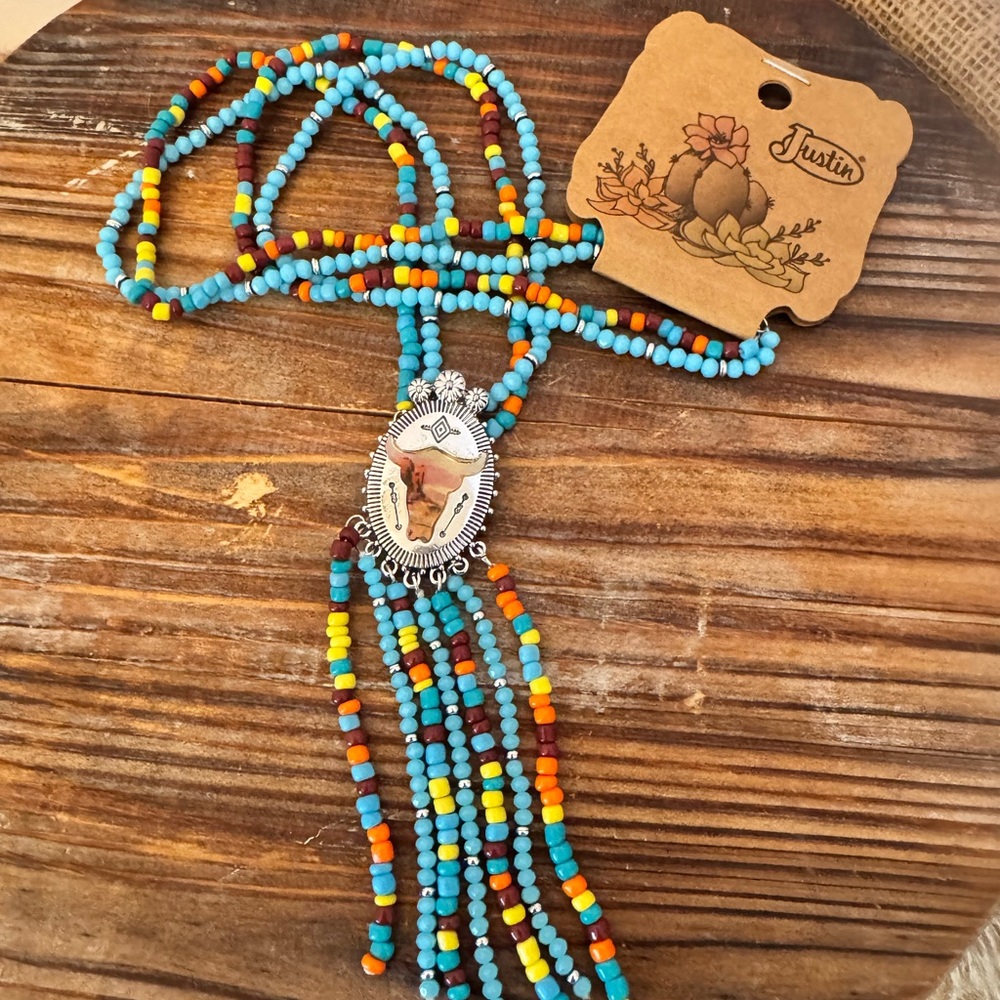 Justin Boots Turquoise Orange Beaded Necklace with Silver Longhorn Pendant NEW